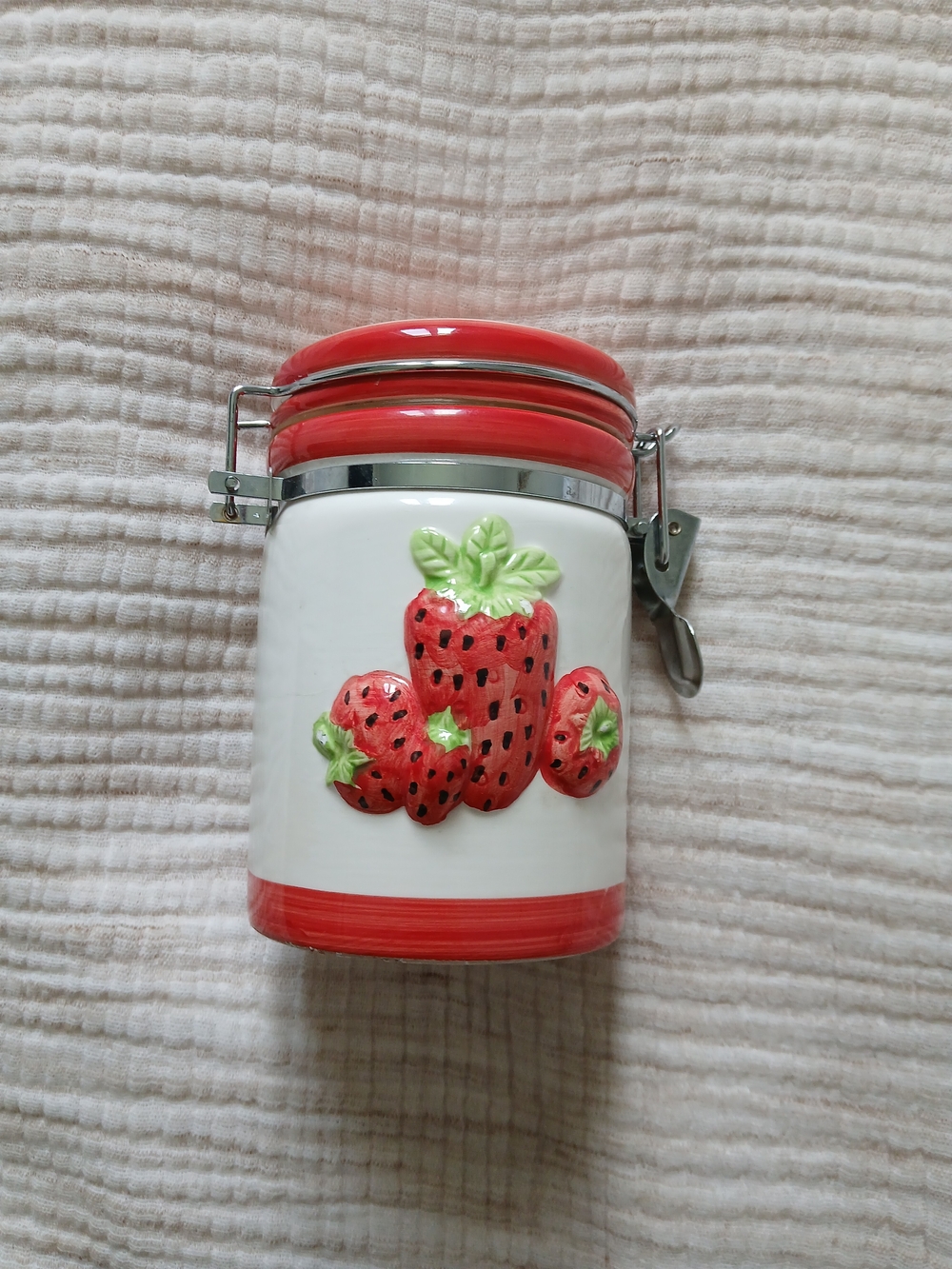 Vintage Red Strawberry Ceramic Kitchen Storage Jar by